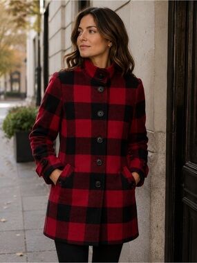 Jacob Red and Black Buffalo Plaid Pea Coat Size XS Wool Blend Cozy Fall Winter